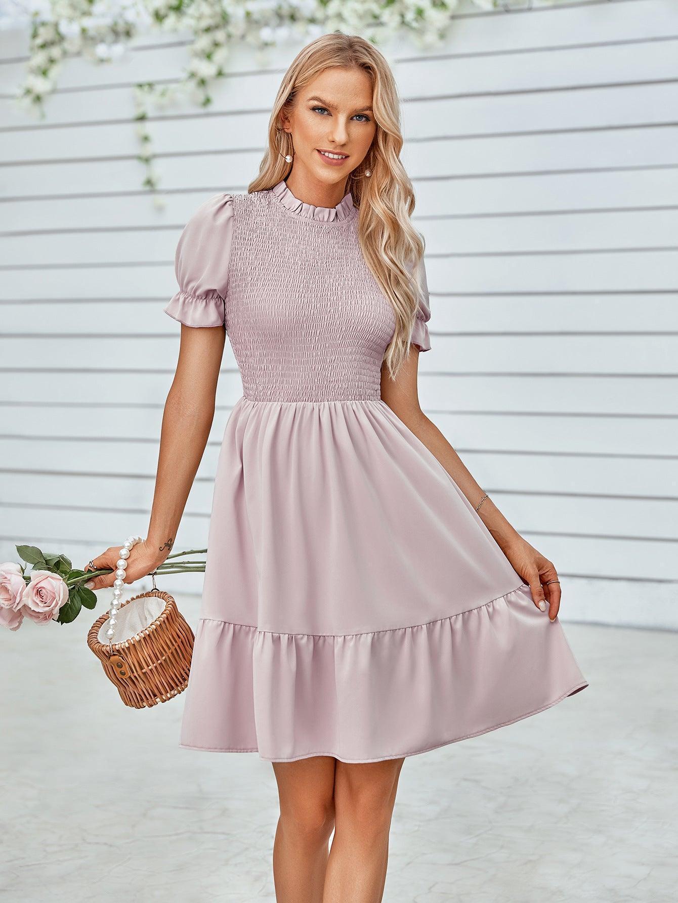 Dream Girl Mock Neck Puff Sleeve Tiered Mini Dress - MXSTUDIO.COM