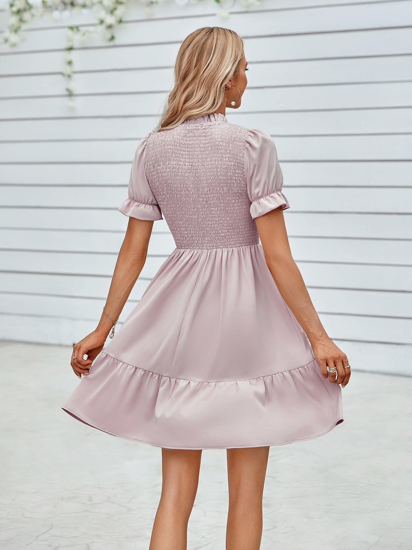 Dream Girl Mock Neck Puff Sleeve Tiered Mini Dress - MXSTUDIO.COM