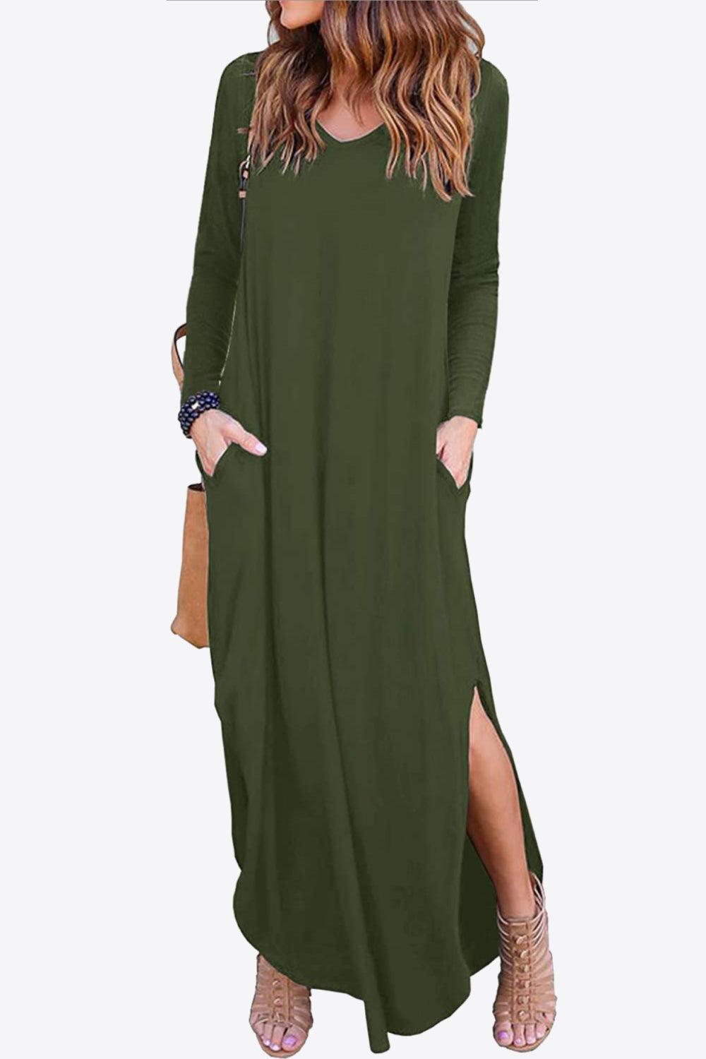 Dreamy Split Long Sleeve V Neck Maxi Dress - MXSTUDIO.COM