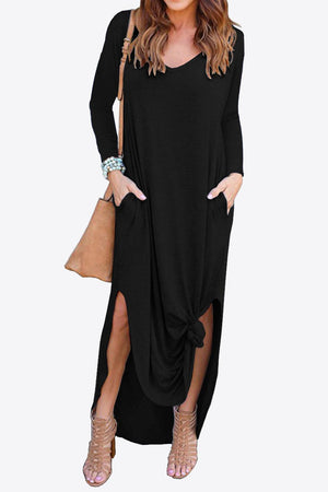 Dreamy Split Long Sleeve V Neck Maxi Dress - MXSTUDIO.COM