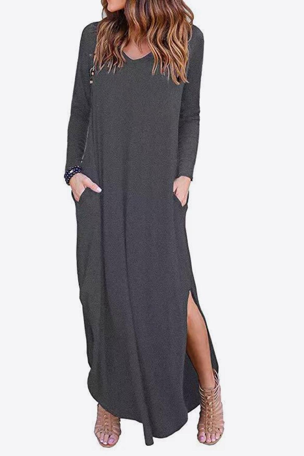 Dreamy Split Long Sleeve V Neck Maxi Dress - MXSTUDIO.COM