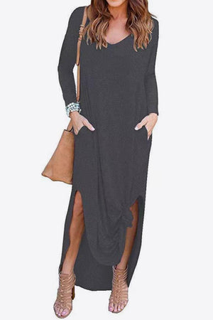 Dreamy Split Long Sleeve V Neck Maxi Dress - MXSTUDIO.COM