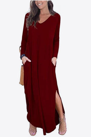 Dreamy Split Long Sleeve V Neck Maxi Dress - MXSTUDIO.COM