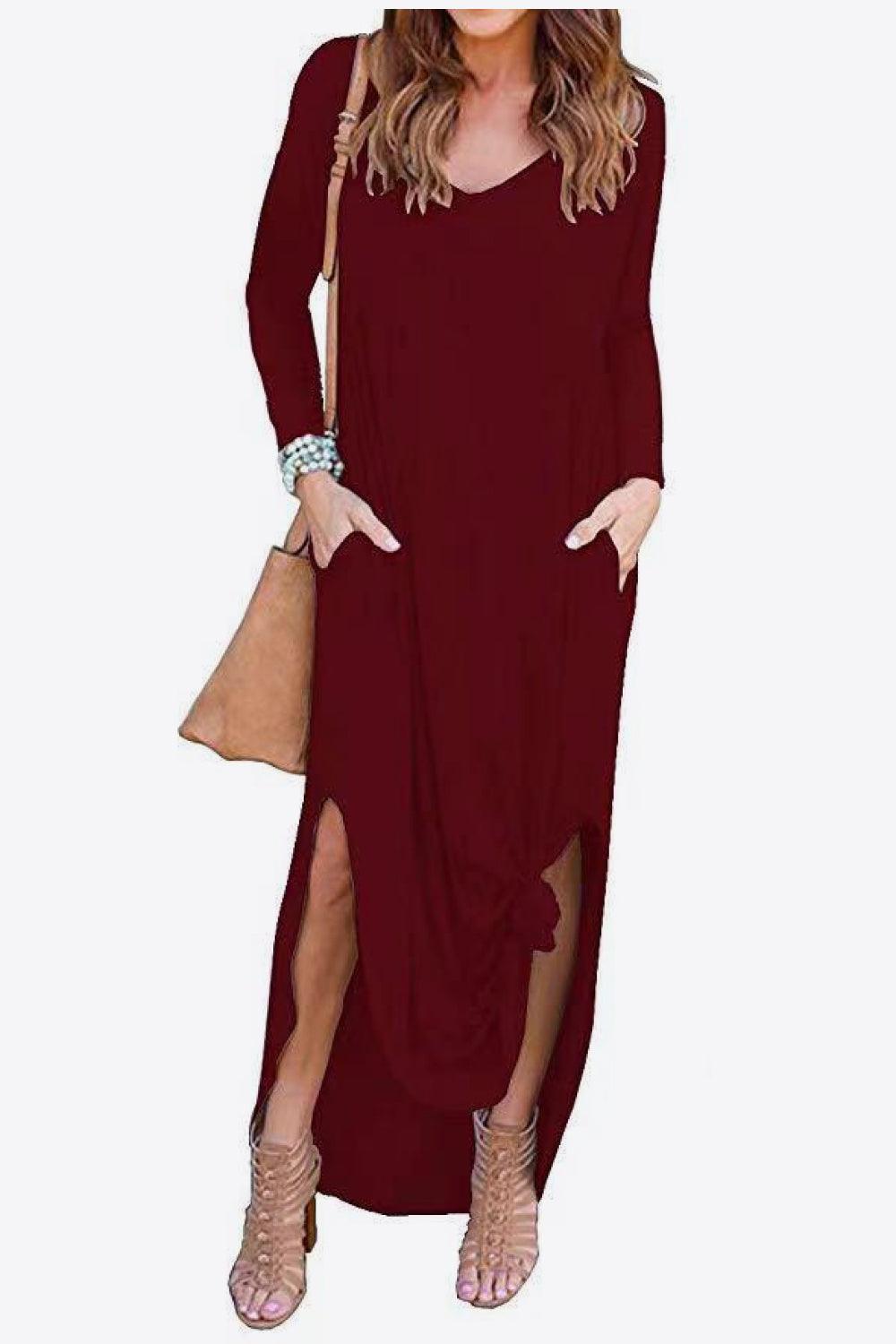 Dreamy Split Long Sleeve V Neck Maxi Dress - MXSTUDIO.COM