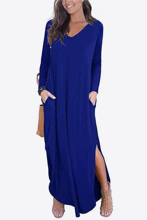 Dreamy Split Long Sleeve V Neck Maxi Dress - MXSTUDIO.COM