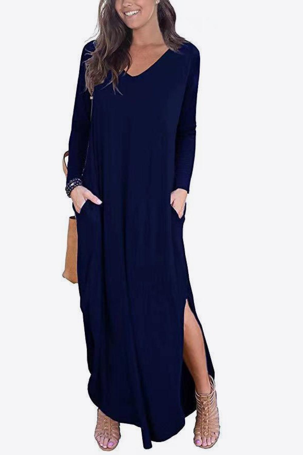 Dreamy Split Long Sleeve V Neck Maxi Dress - MXSTUDIO.COM