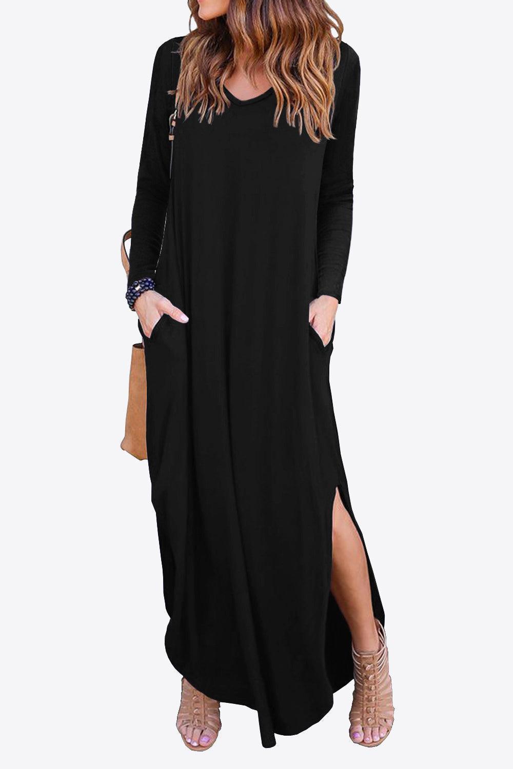 Dreamy Split Long Sleeve V Neck Maxi Dress - MXSTUDIO.COM