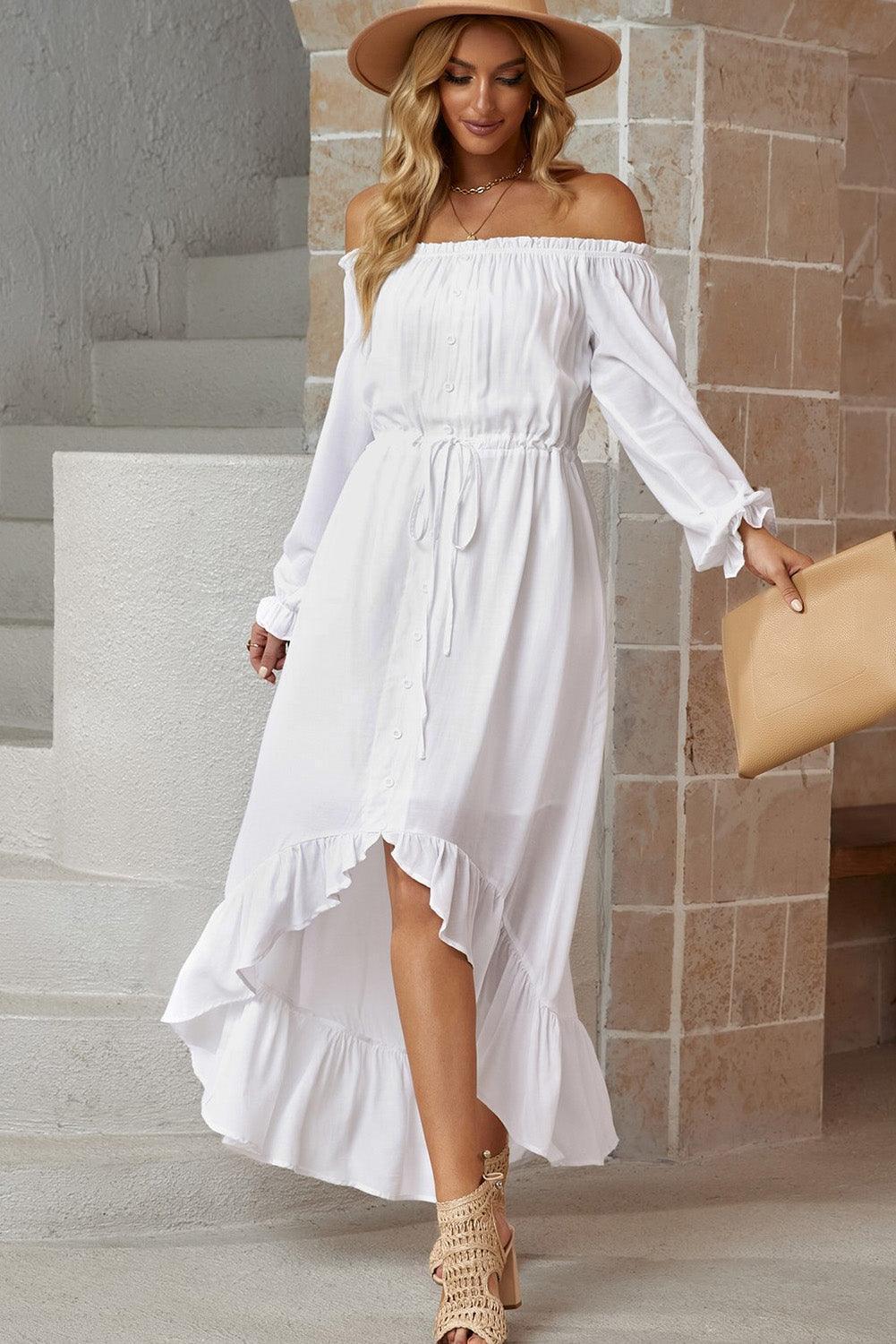 Dreamy White Off-Shoulder High-Low Dress - MXSTUDIO.COM