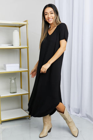 Droopy Black V-Neck Slit Midi Dress - MXSTUDIO.COM