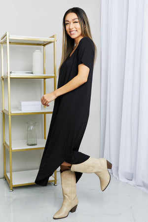 Droopy Black V-Neck Slit Midi Dress - MXSTUDIO.COM