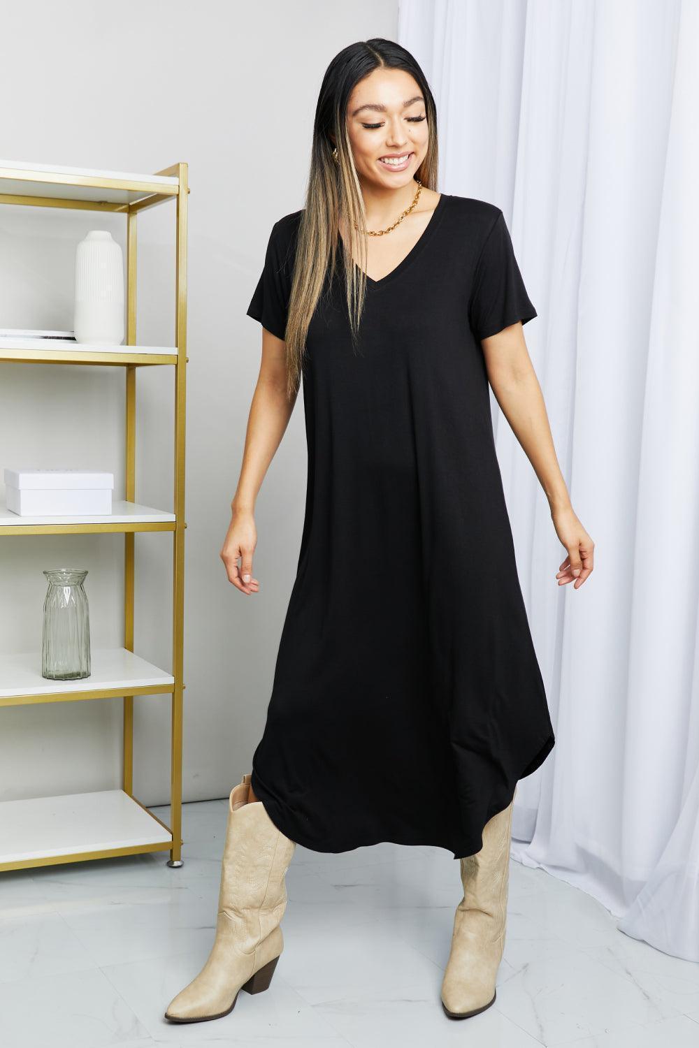 Droopy Black V-Neck Slit Midi Dress - MXSTUDIO.COM