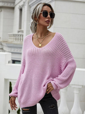 Drop Shoulder V-Neck Pullover Rib Knit Sweater - MXSTUDIO.COM