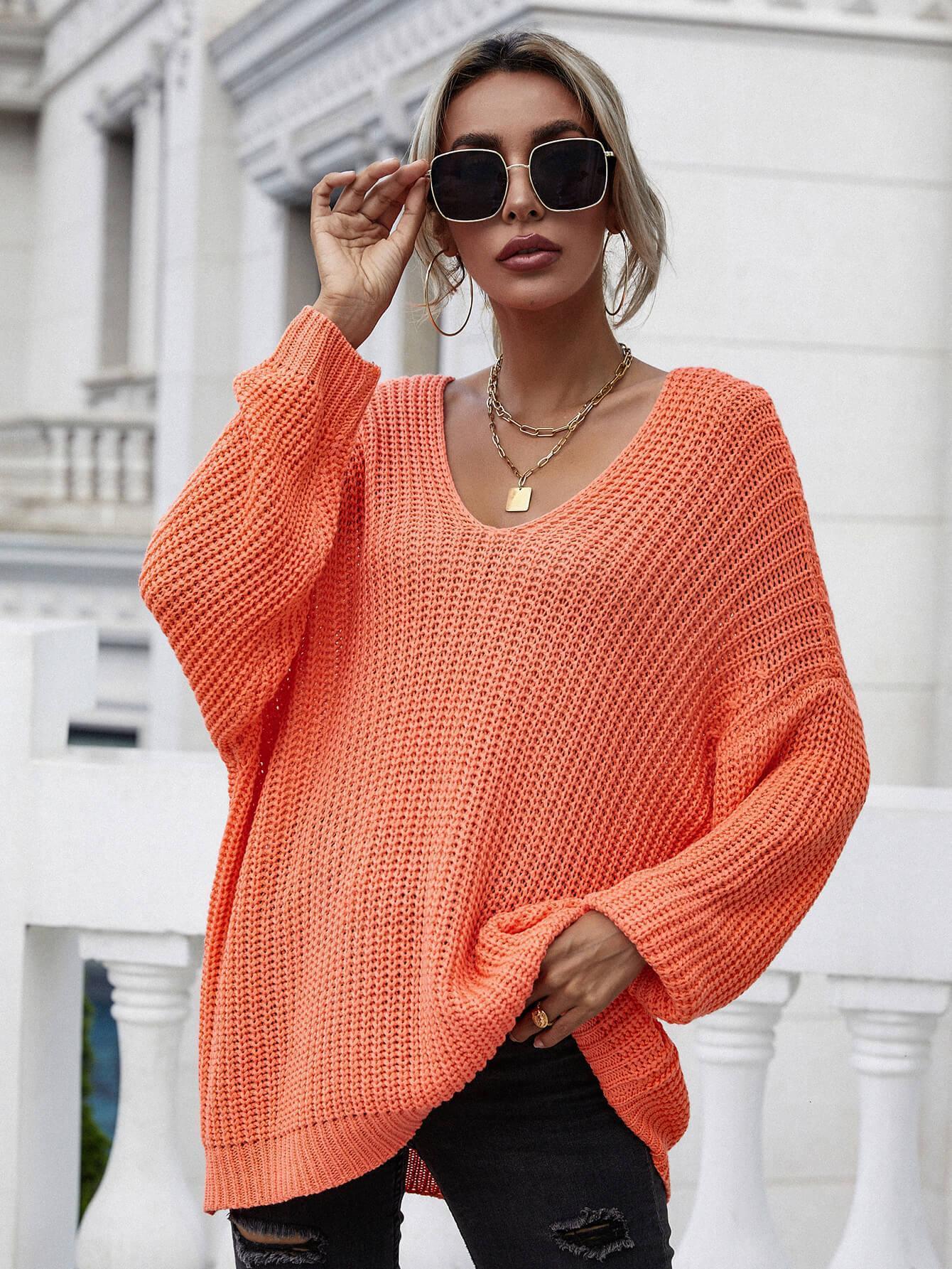 Drop Shoulder V-Neck Pullover Rib Knit Sweater - MXSTUDIO.COM