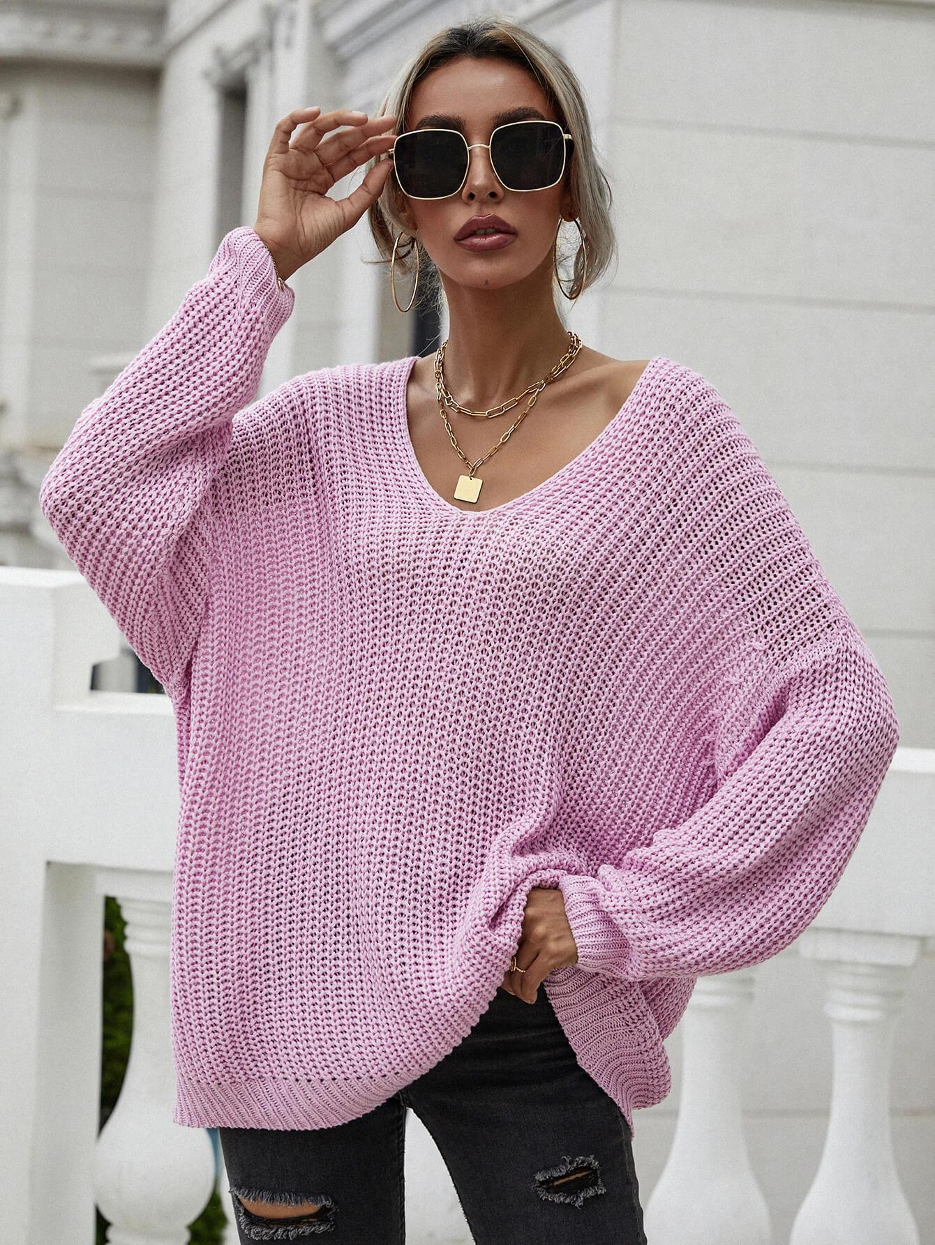 Drop Shoulder V-Neck Pullover Rib Knit Sweater - MXSTUDIO.COM