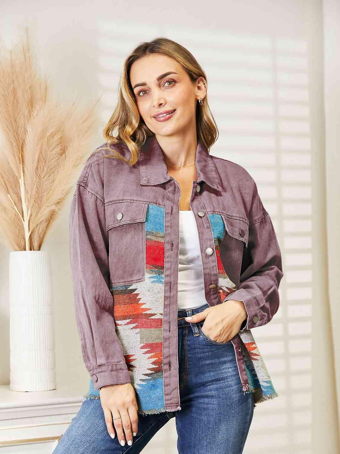 Dropped Shoulder Long Sleeve Printed Denim Jacket - MXSTUDIO.COM