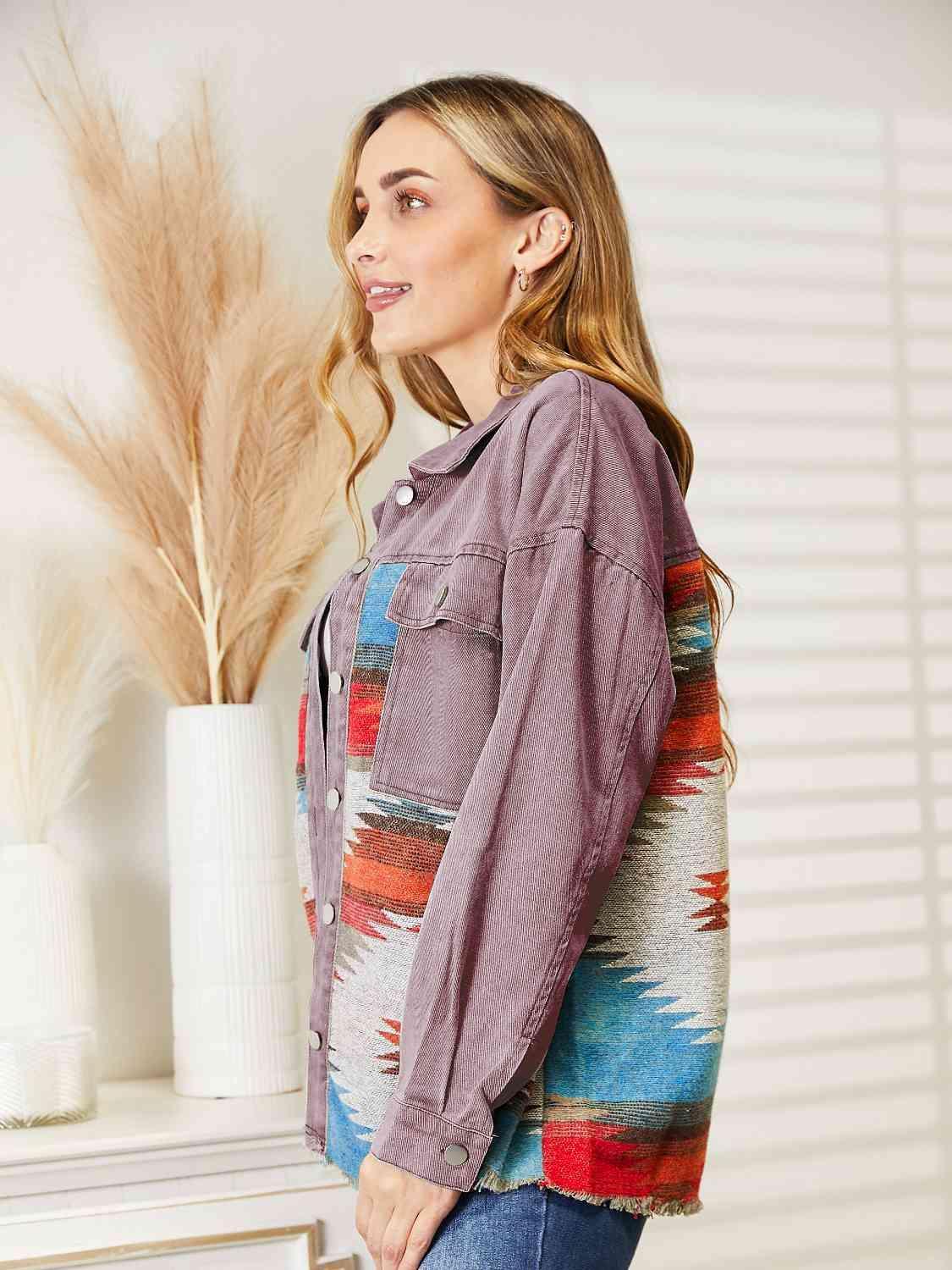 Dropped Shoulder Long Sleeve Printed Denim Jacket - MXSTUDIO.COM