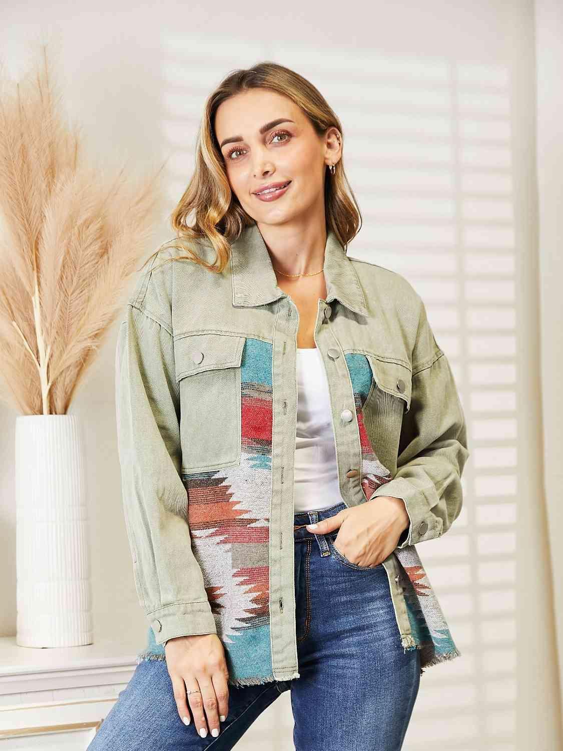 Dropped Shoulder Long Sleeve Printed Denim Jacket - MXSTUDIO.COM