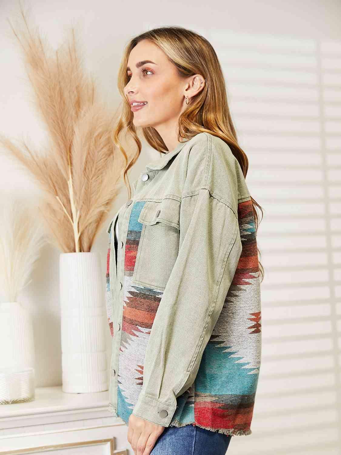 Dropped Shoulder Long Sleeve Printed Denim Jacket - MXSTUDIO.COM