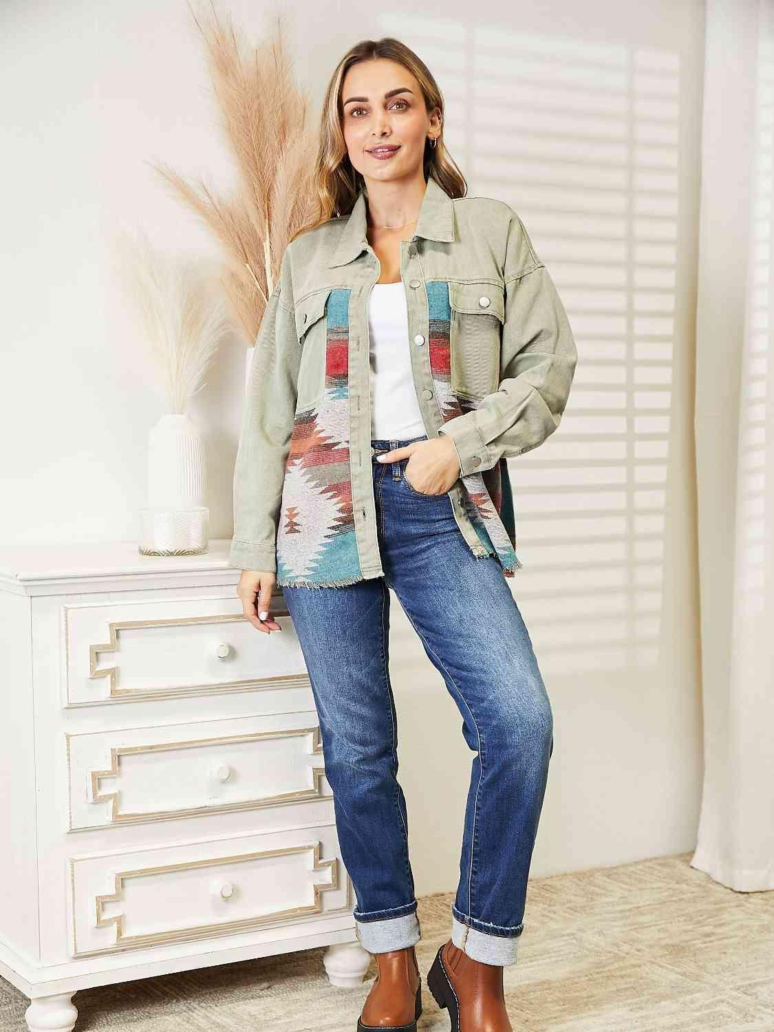 Dropped Shoulder Long Sleeve Printed Denim Jacket - MXSTUDIO.COM