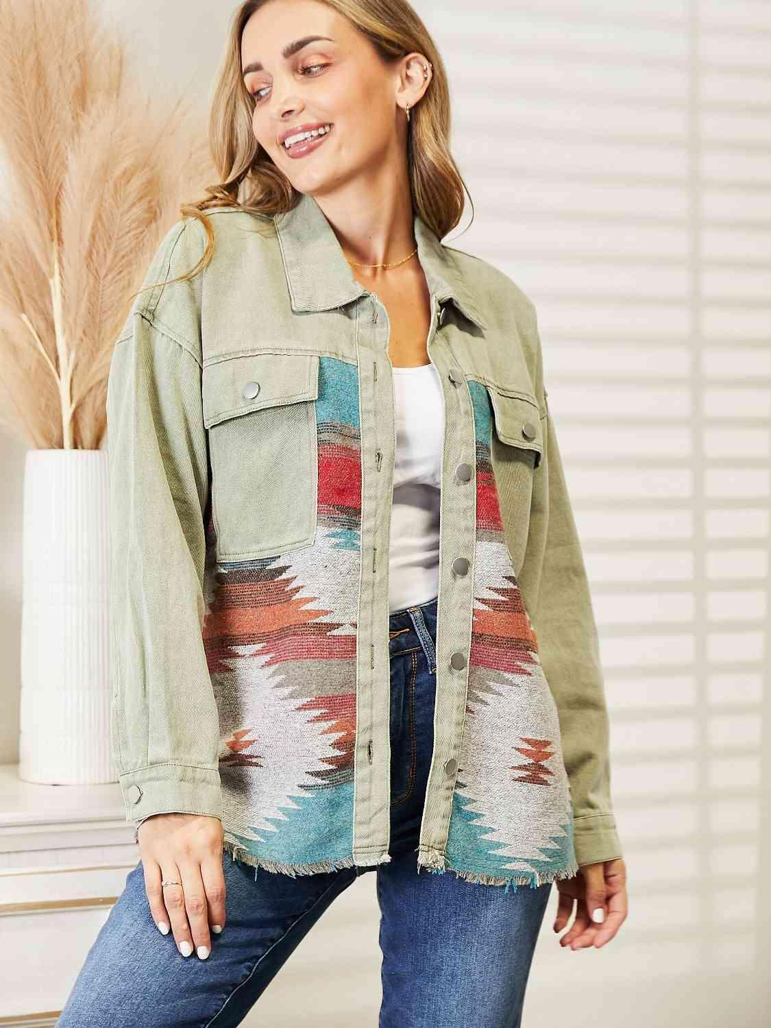 Dropped Shoulder Long Sleeve Printed Denim Jacket - MXSTUDIO.COM