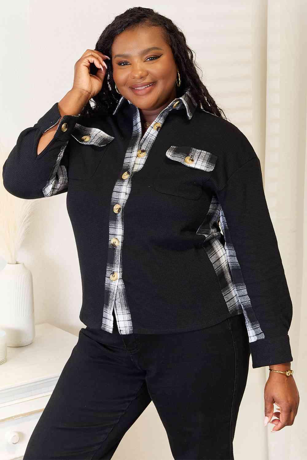 Dropped Shoulder Plaid Print Plus Size Black Jacket - MXSTUDIO.COM