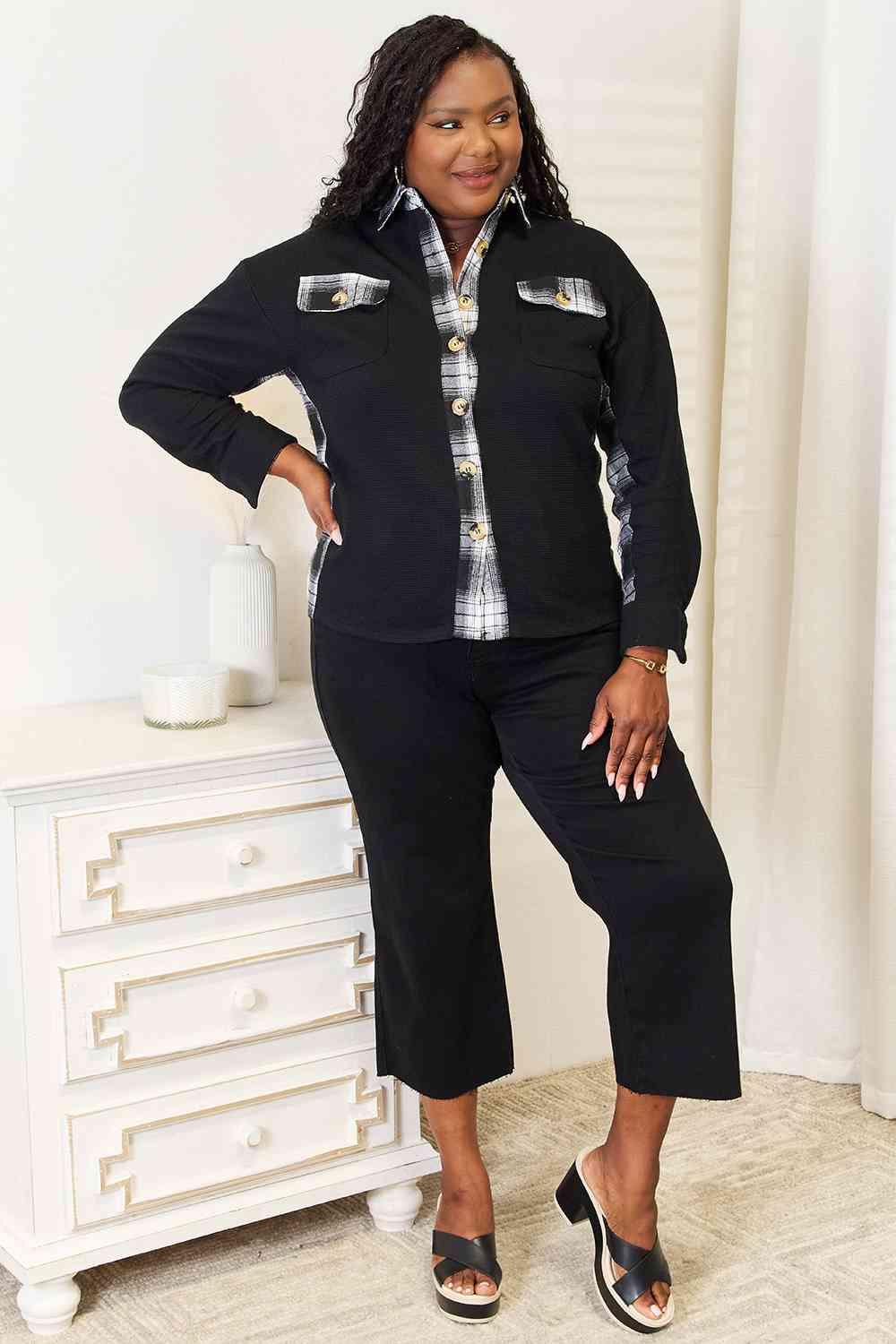 Dropped Shoulder Plaid Print Plus Size Black Jacket - MXSTUDIO.COM