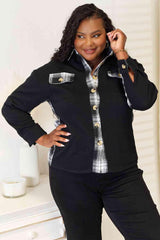 Dropped Shoulder Plaid Print Plus Size Black Jacket - MXSTUDIO.COM