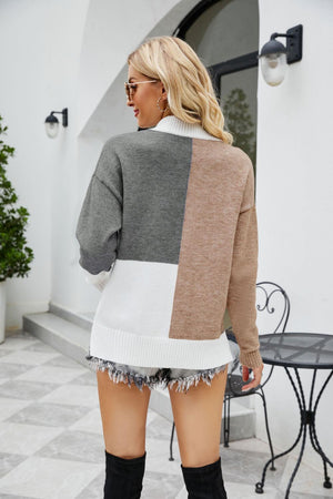 Dropped Shoulder Ribbed Trim Womens Color Block Sweater - MXSTUDIO.COM