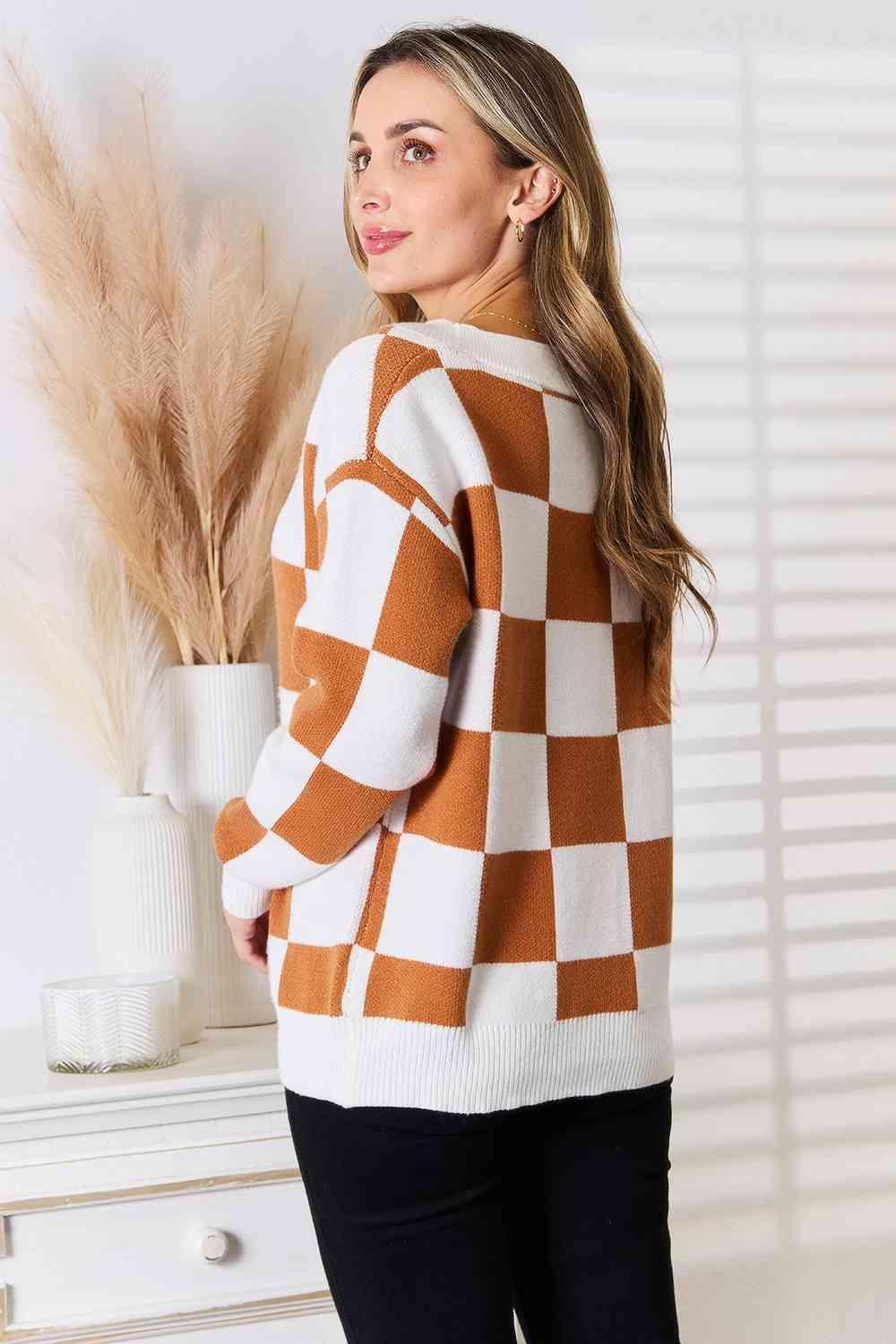 Dropped Shoulder Women's Checkered Cardigan-MXSTUDIO.COM