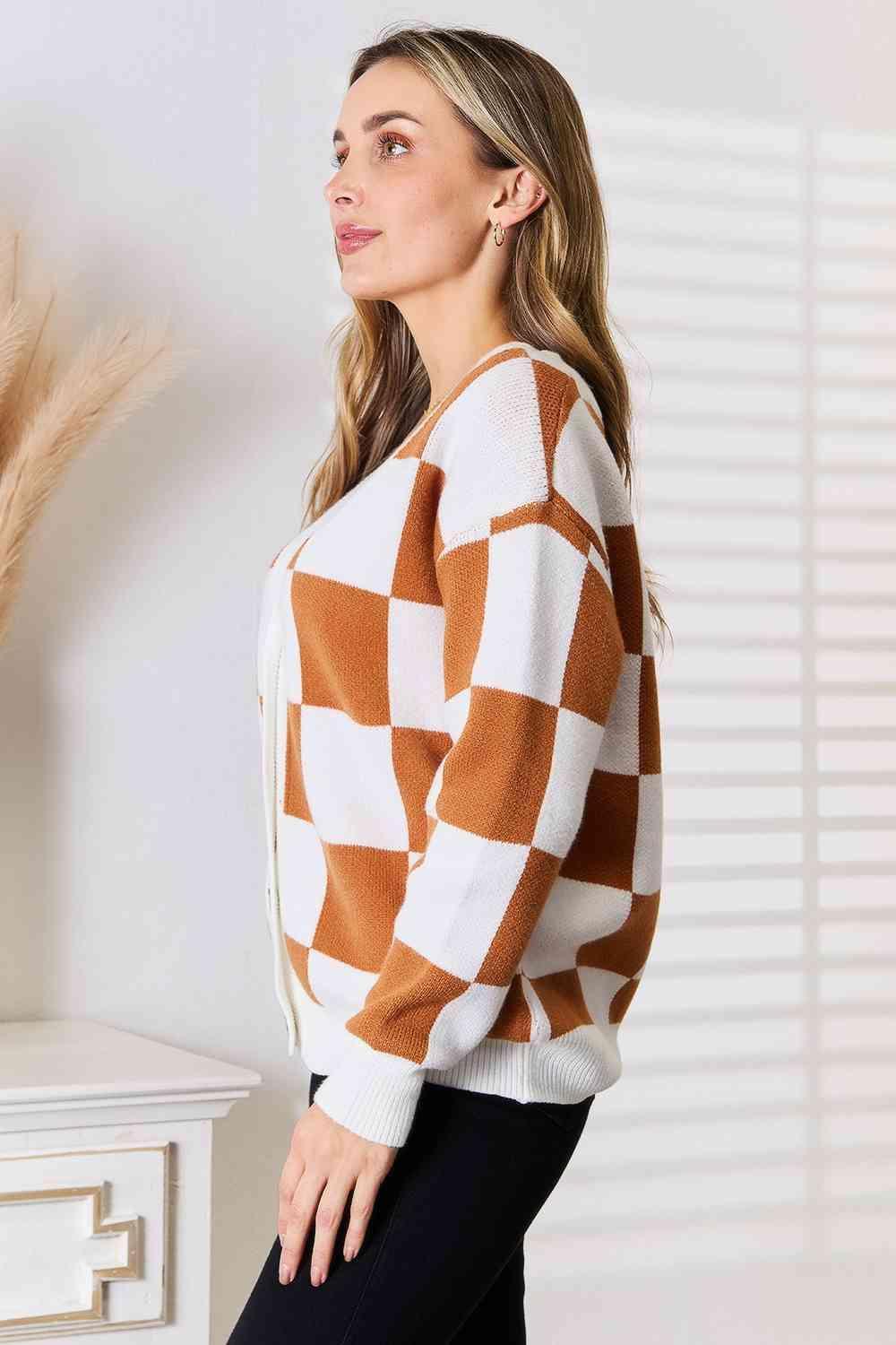 Dropped Shoulder Women's Checkered Cardigan-MXSTUDIO.COM