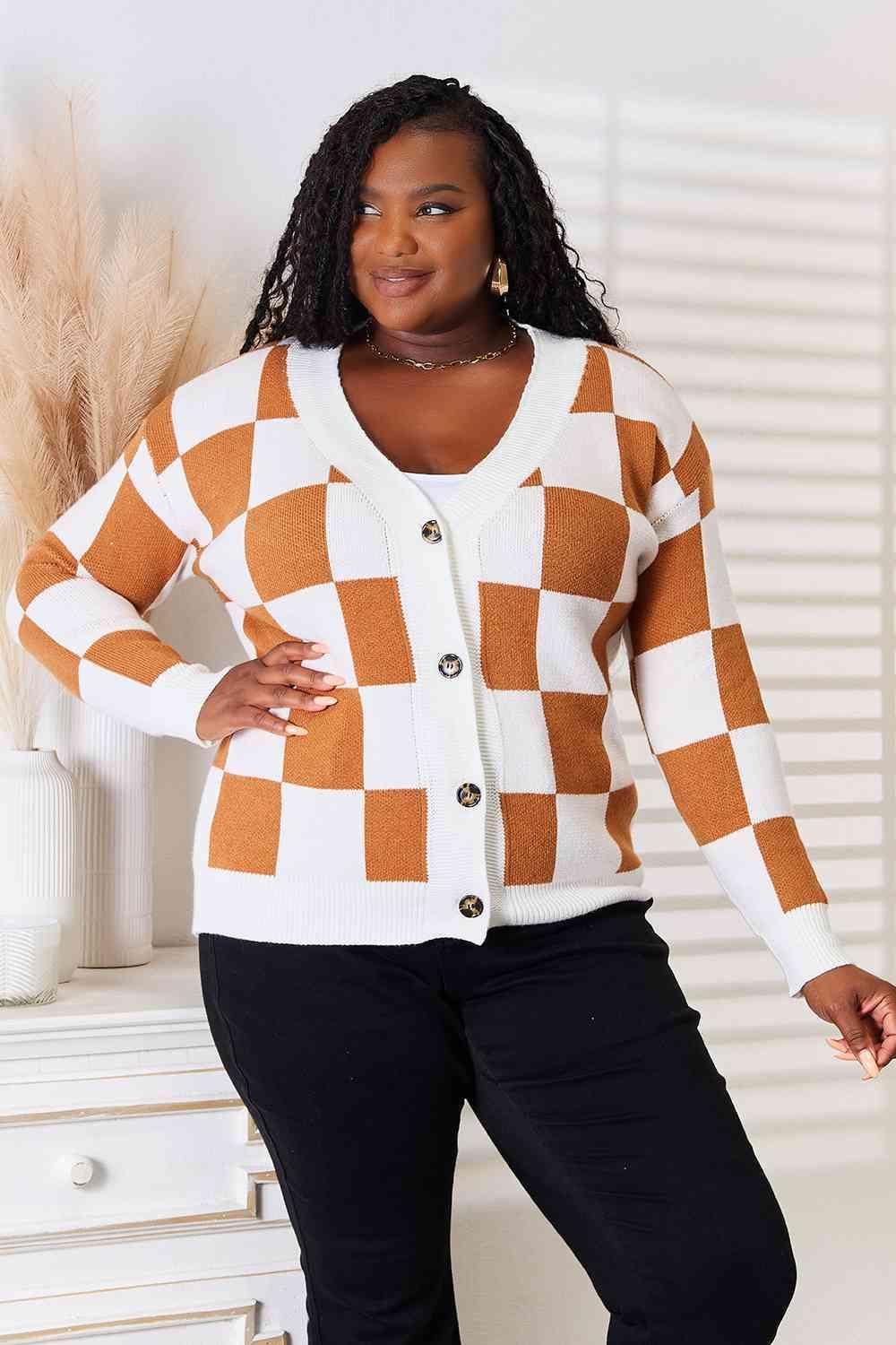 Dropped Shoulder Women's Checkered Cardigan-MXSTUDIO.COM
