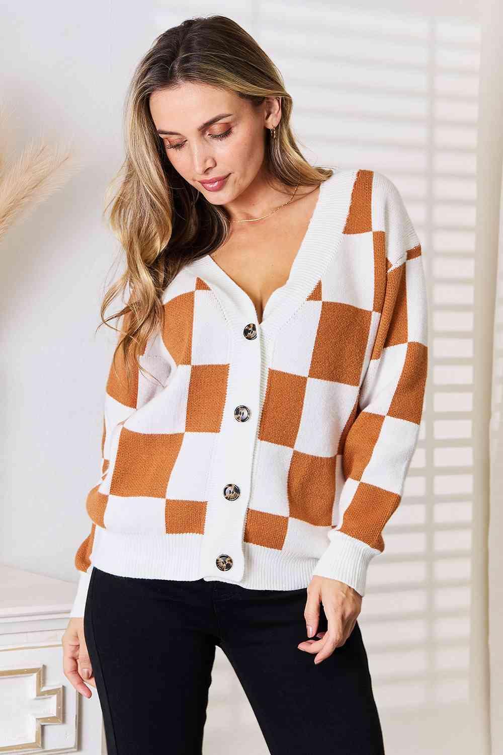 Dropped Shoulder Women's Checkered Cardigan-MXSTUDIO.COM