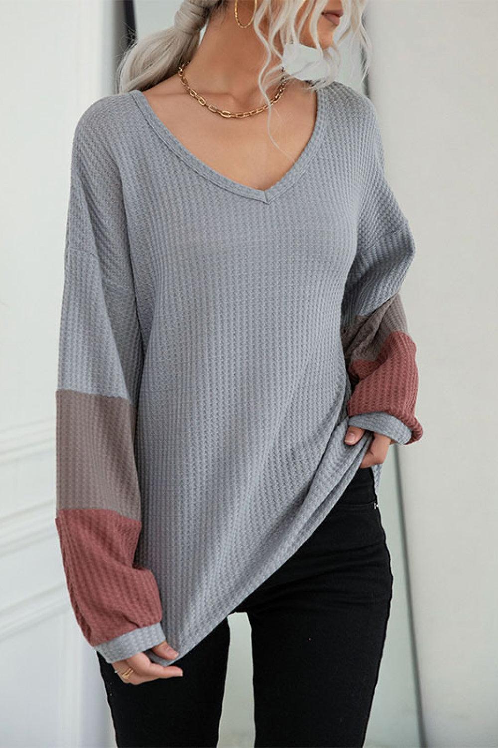 Dropped Shoulders Color Block Sleeve Waffle Knit Tee - MXSTUDIO.COM