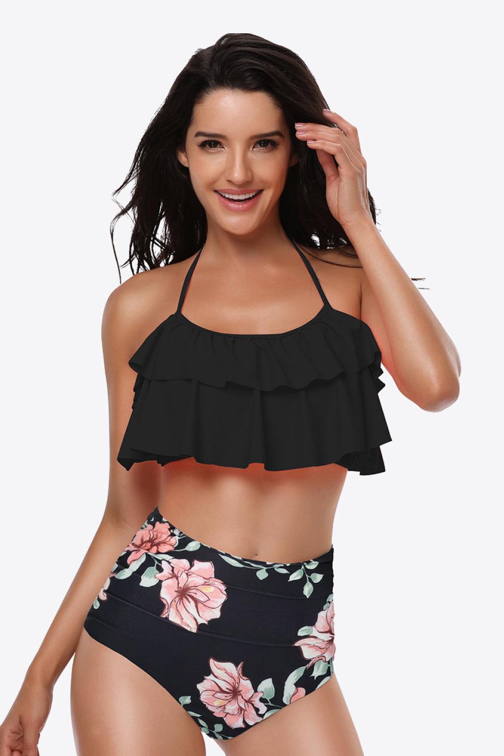 Dual-Tone Two Piece Swimsuit With Ruffle Top - MXSTUDIO.COM