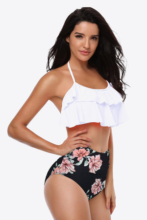 Dual-Tone Two Piece Swimsuit With Ruffle Top - MXSTUDIO.COM