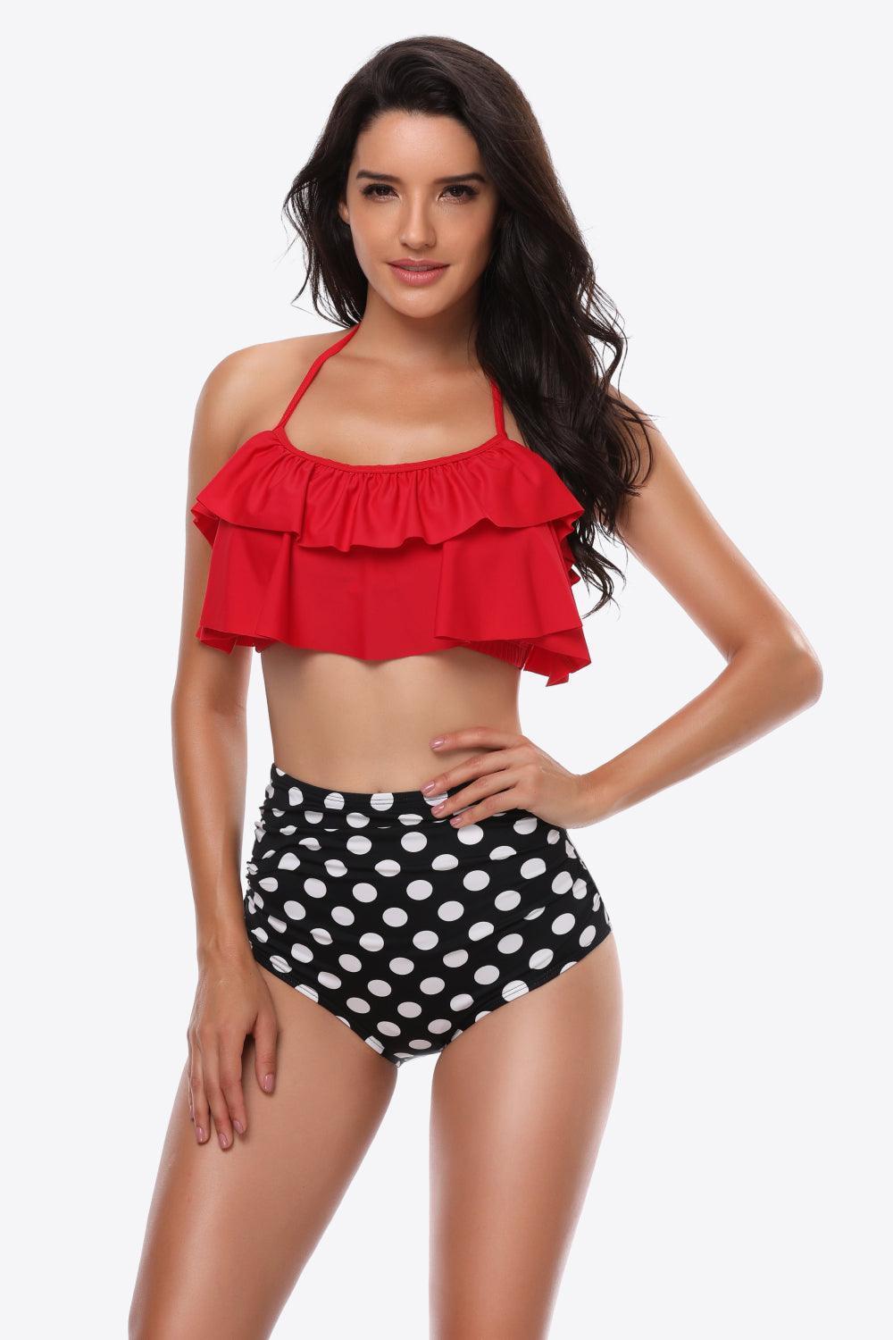 Dual-Tone Two Piece Swimsuit With Ruffle Top - MXSTUDIO.COM