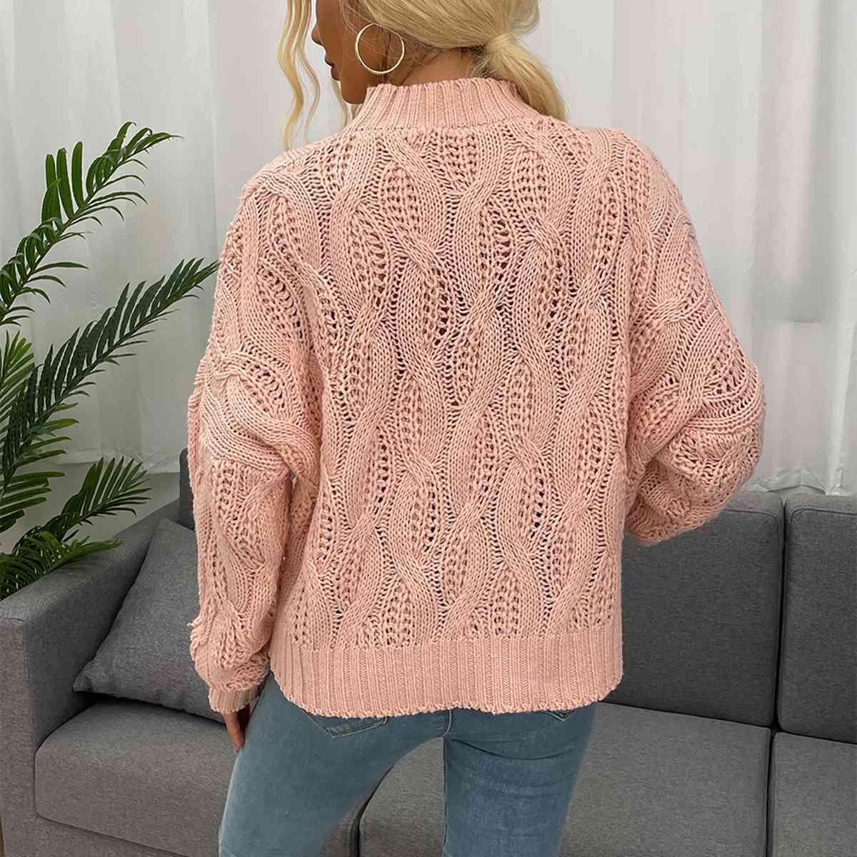 Dusty Pink Cable Knit Mock Neck Sweater-MXSTUDIO.COM