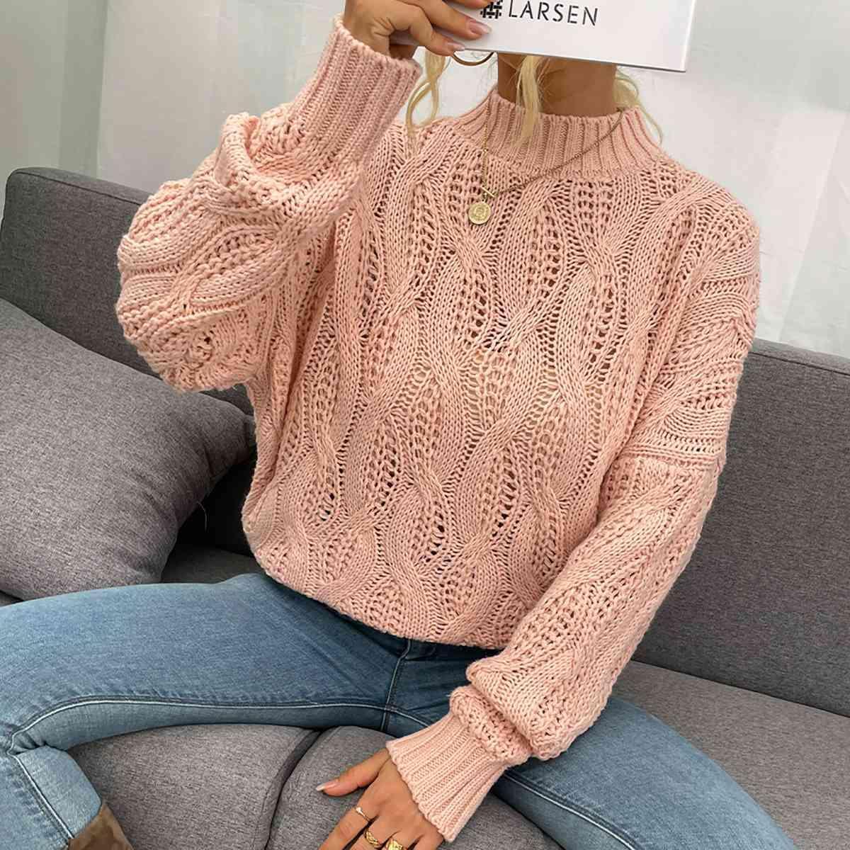 Dusty Pink Cable Knit Mock Neck Sweater-MXSTUDIO.COM