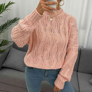 Dusty Pink Cable Knit Mock Neck Sweater-MXSTUDIO.COM