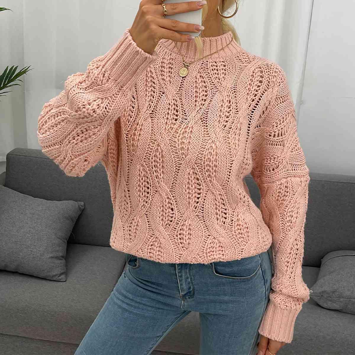 Dusty Pink Cable Knit Mock Neck Sweater-MXSTUDIO.COM