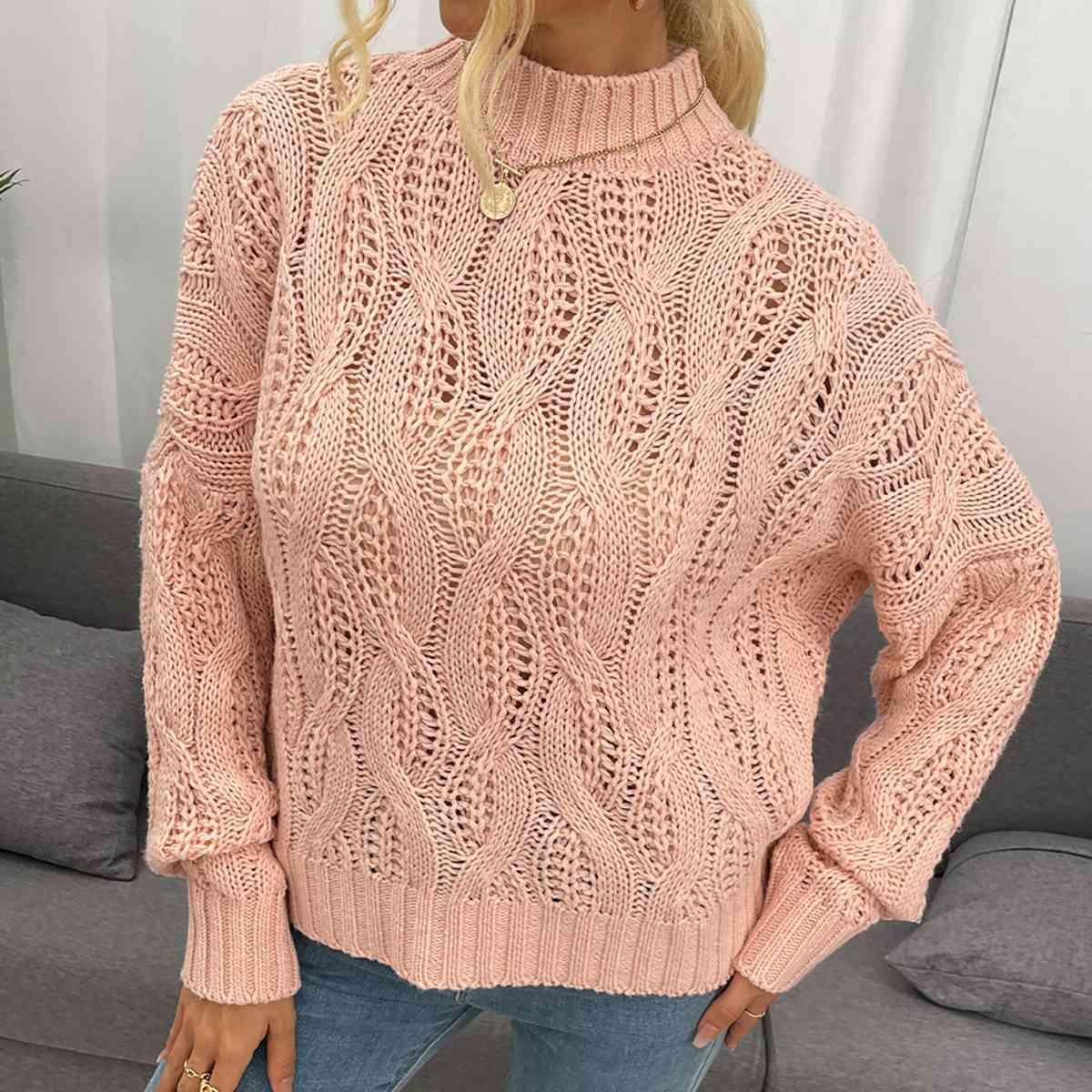 Dusty Pink Cable Knit Mock Neck Sweater-MXSTUDIO.COM