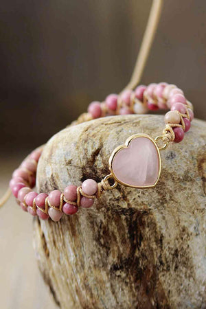 Dusty Pink Rose Quartz Beaded Heart Bracelet-MXSTUDIO.COM