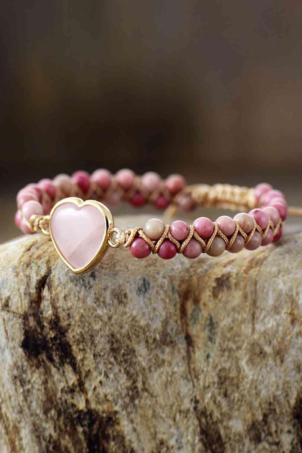 Dusty Pink Rose Quartz Beaded Heart Bracelet-MXSTUDIO.COM