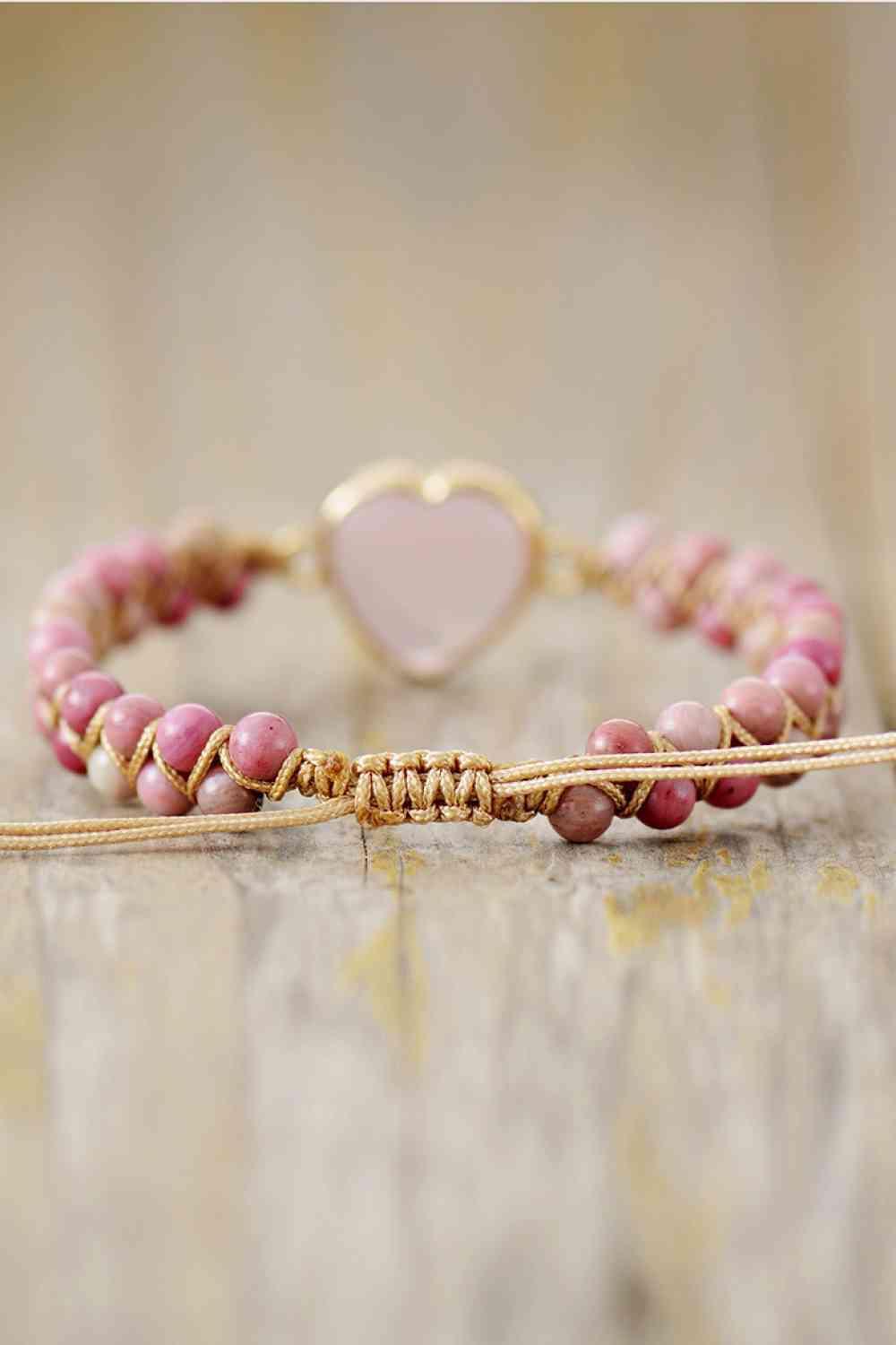 Dusty Pink Rose Quartz Beaded Heart Bracelet-MXSTUDIO.COM