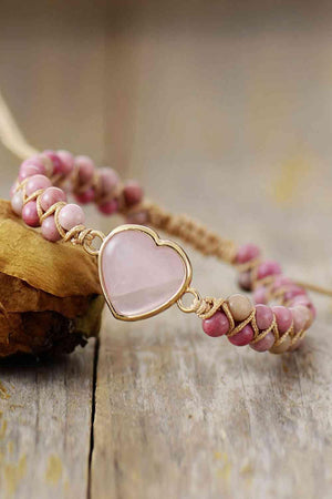 Dusty Pink Rose Quartz Beaded Heart Bracelet-MXSTUDIO.COM