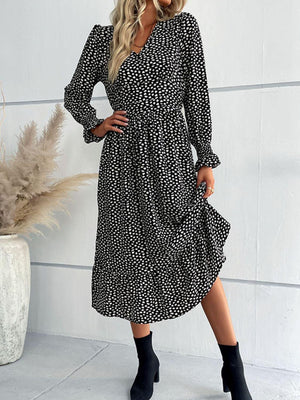 Dynamic Black Printed V-Neck Midi Dress - MXSTUDIO.COM