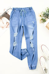 Dynamic Distressed Elastic Waist Denim Joggers - MXSTUDIO.COM