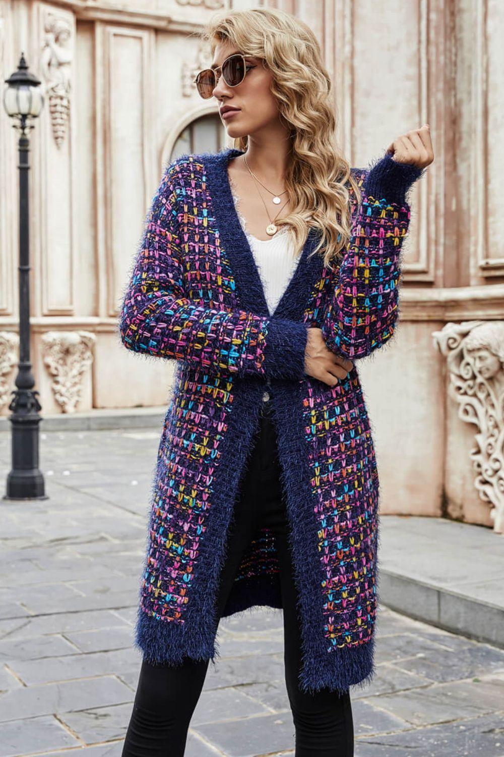 Earn Praise Multicolored Ribbed Trim Open Front Cardigan - MXSTUDIO.COM