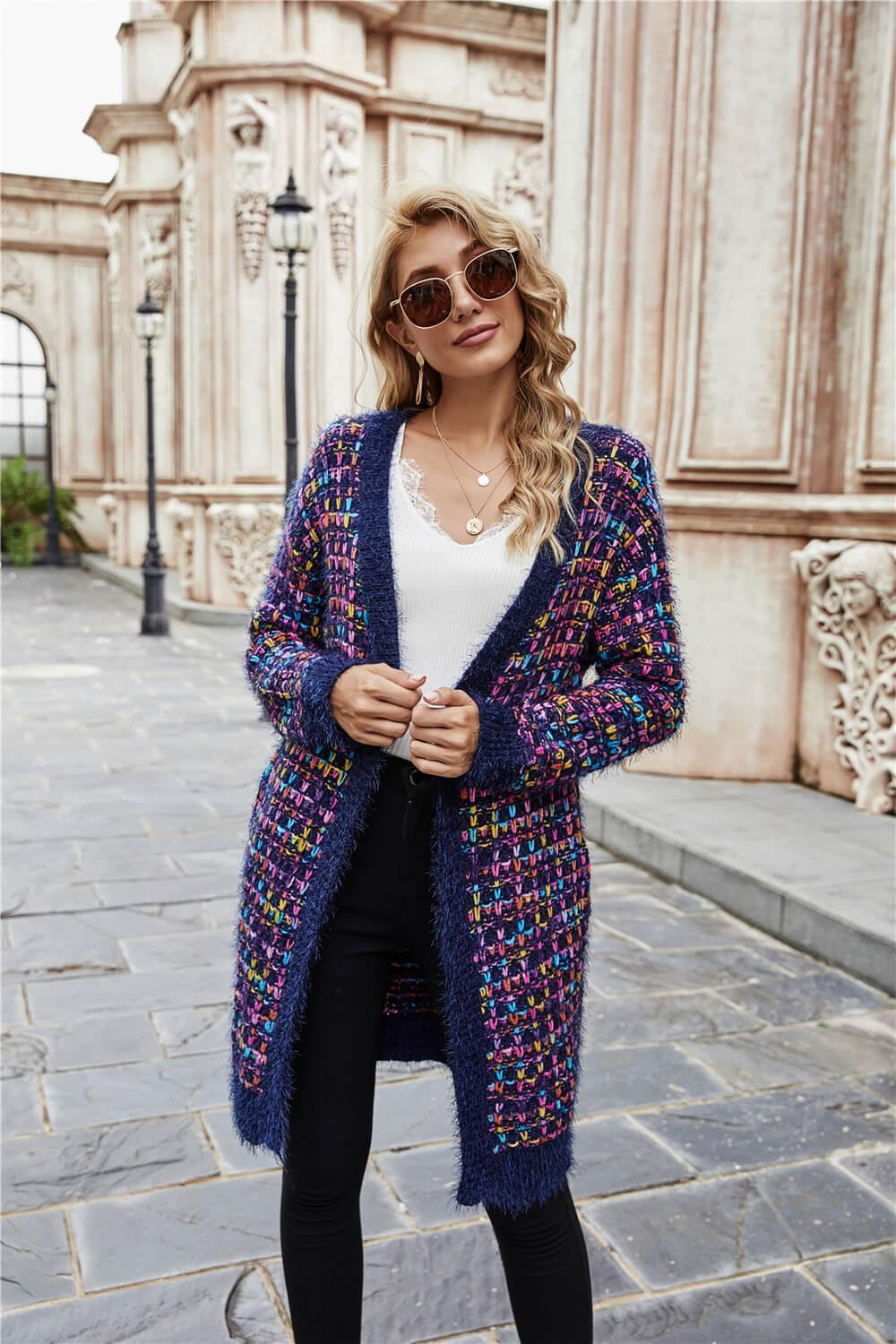 Earn Praise Multicolored Ribbed Trim Open Front Cardigan - MXSTUDIO.COM