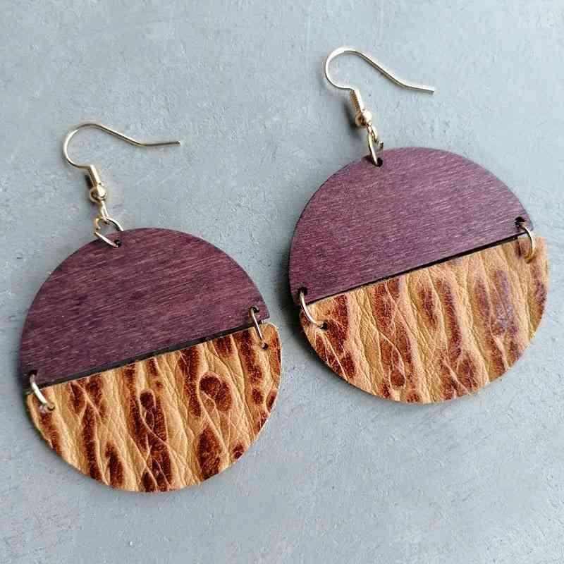 Earth-Friendly Leather & Wood Round Drop Earrings-MXSTUDIO.COM